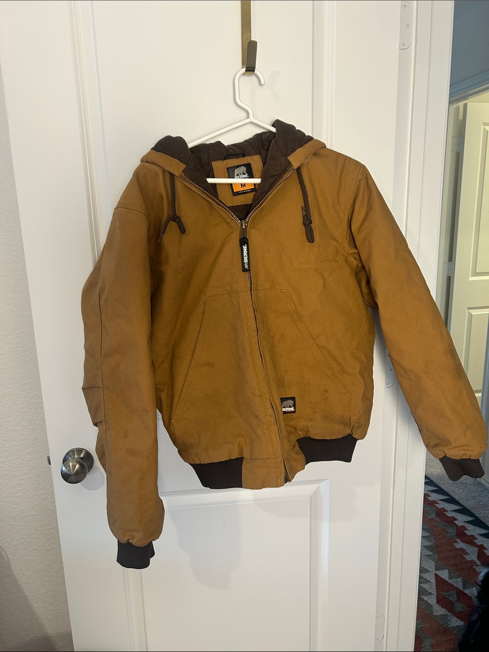 Men's Tan Hooded Work Jacket with Ribbed Trim